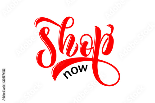 Vector text shop now for online shop market store of clothes cosmetics banner card desine element photo