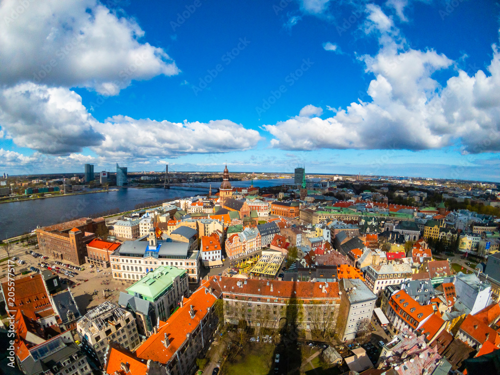 Top view of the old city of Riga and river Daugava