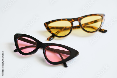 Various colorful stylish fashionable sunglasses, cat's eyes, isolated on white background