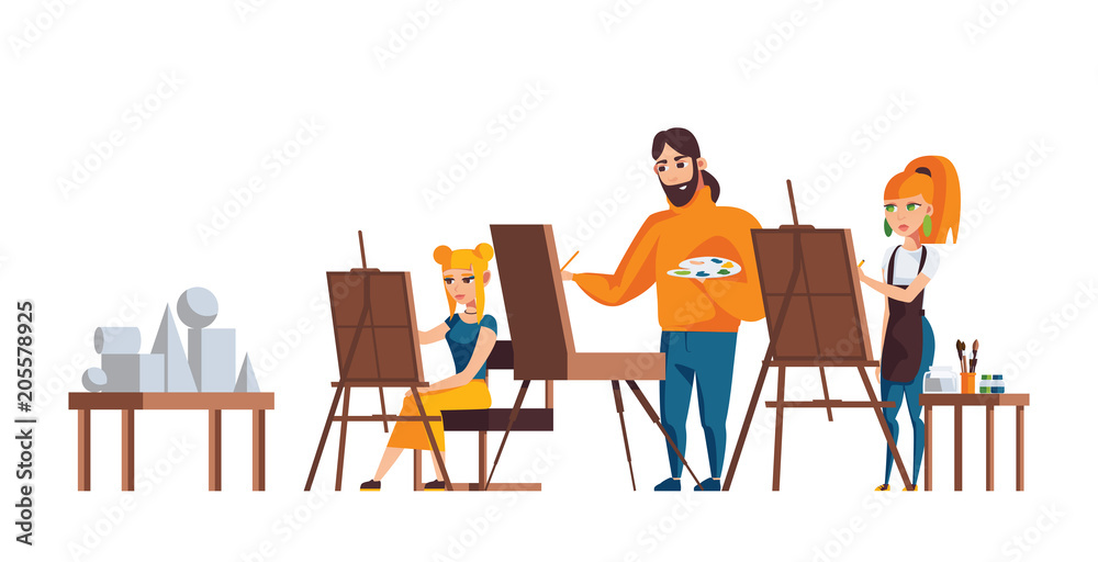 Isolated on white background characters drawing still life with easel. Adult painting at workshop for adults. Vector flat illustration