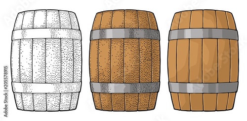 Wooden barrel with metal hoops engraving vector illustration