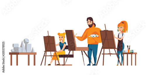 Isolated on white background characters drawing still life with easel. Adult painting at workshop for adults. Vector flat illustration © yokunen