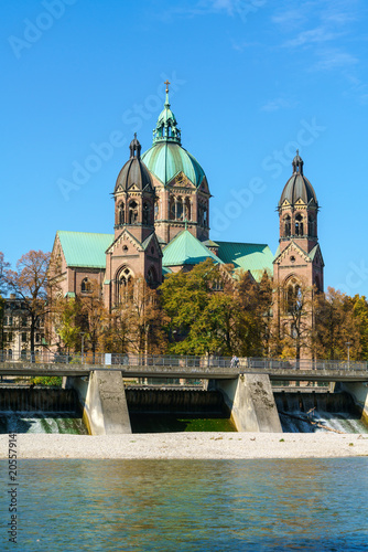 St. Luke Church near Isar river and Wehrsteg, Munich, Germany photo