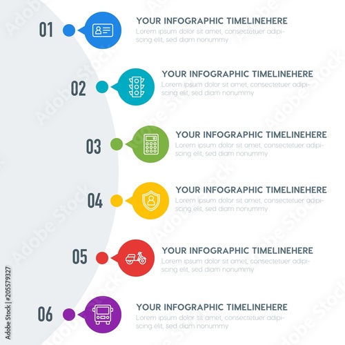 Flat business, transports, hotel infographic timeline template with 7 options for presentations, advertising, annual reports