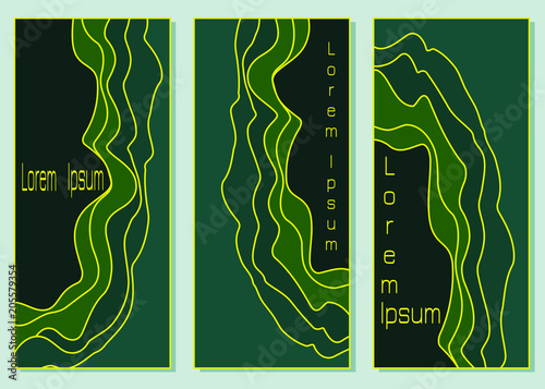 Set of banner templates with voluminous abstract wave pattern in bright green and yellow colors. Vector drawing for design of invitations, advertising, business cards, web banner.