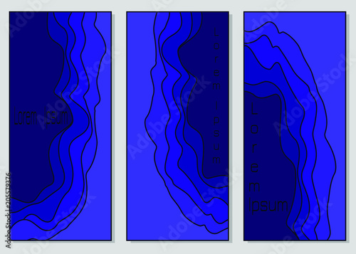 Set of banner templates with voluminous abstract wave pattern in bright blue colors. Vector drawing for design of invitations, advertising, business cards, web banner.