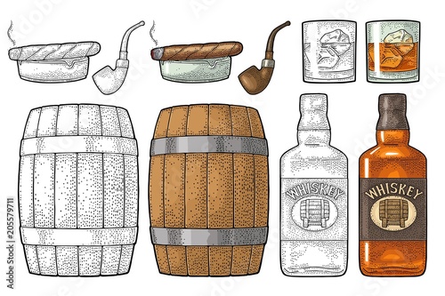 Whiskey glass with ice cubes, barrel, bottle and cigar.