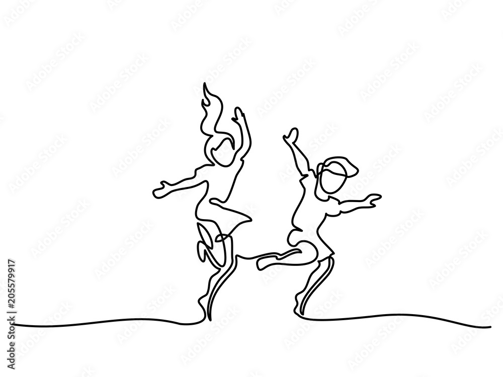 Continuous line drawing. Happy children dancing and jumping. Vector illustration. Concept for logo, card, banner, poster, flyer