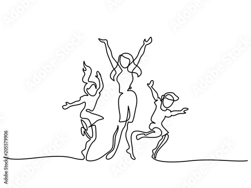 Continuous line drawing. Happy mother dancing with children. Vector illustration. Concept for logo, card, banner, poster, flyer