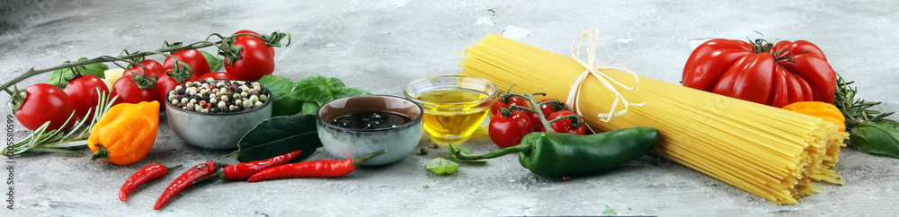 Italian food background with different types of pasta, health or vegetarian concept. - obrazy, fototapety, plakaty 