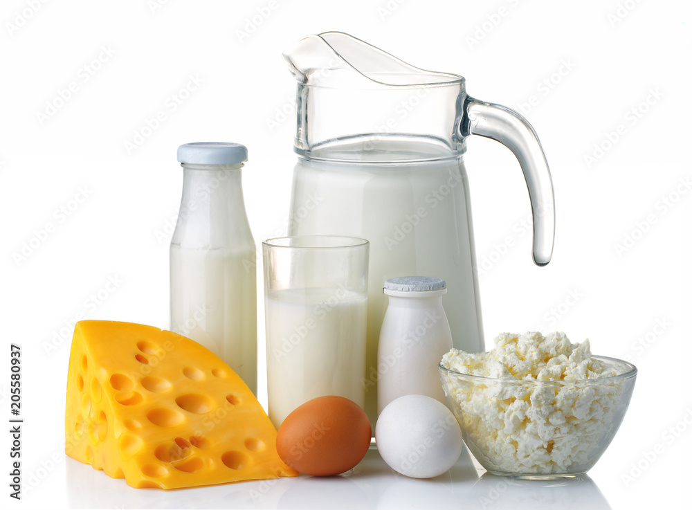 Dairy and protein products concept. Isolated on a white background Dairy and protein products concept. Isolated on a white background