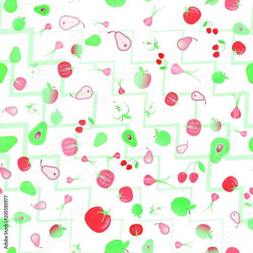Seamless background of different fresh fruits and vegetables on white background and zig zag lines diagonally. Vector illustration.