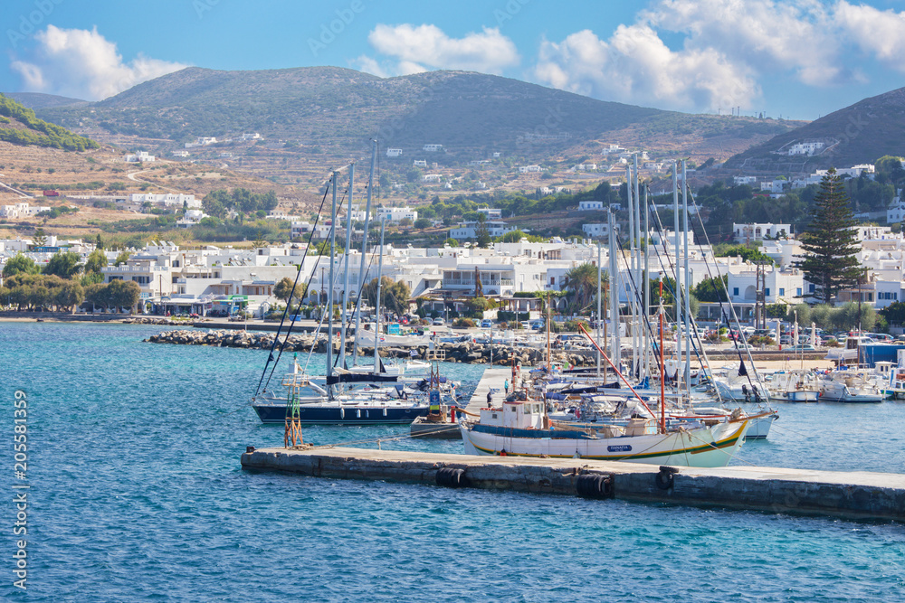CHORA, GREECE - OCTOBER 6, 2015: The harbor in Chora town on the Ios island in the Aegean Sea (Greece).