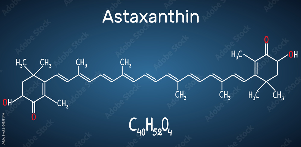 Astaxanthin is a keto-carotenoid. It belongs to class of chemical terpenes Structural chemical formula and molecule model on the dark blue background