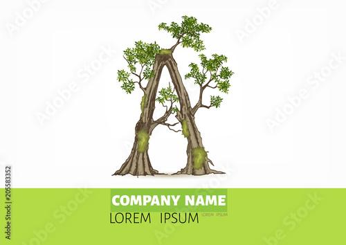 Tree font.Twisted tree  in the shape of letter.Letter A B C vector alphabet with tree. ABC concept type as logo.Eco concept. 