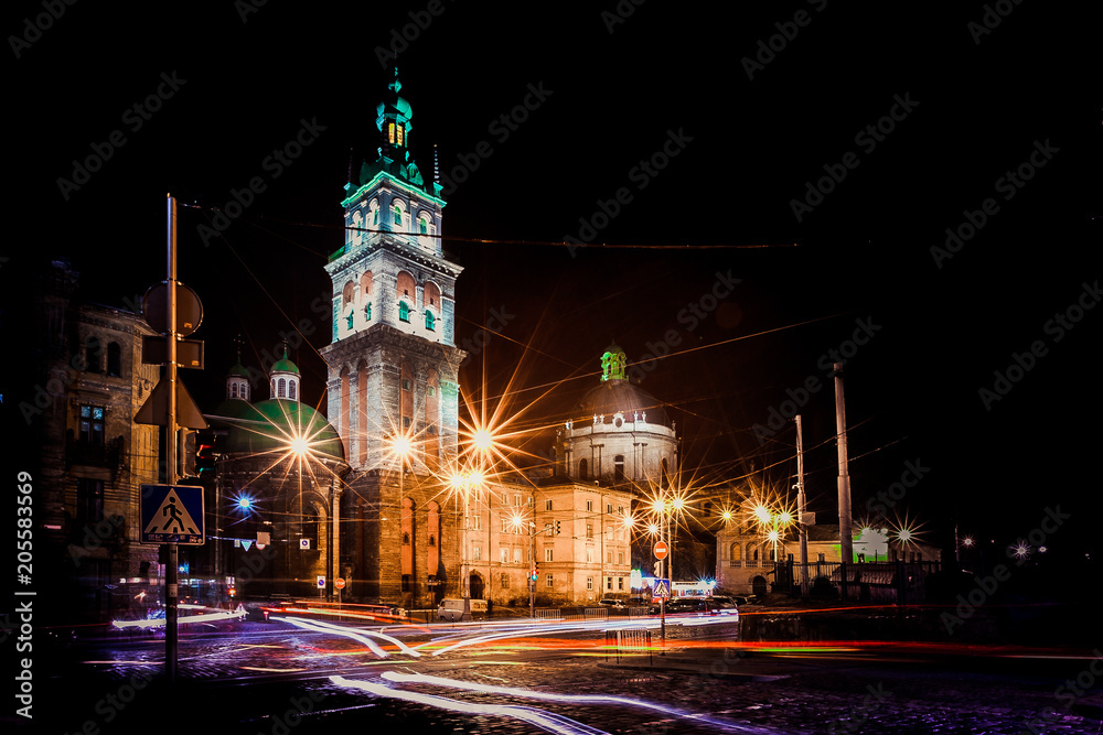 Assumption church in Lviv at night
