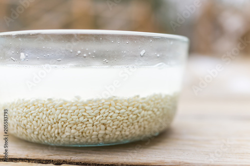 Vászonkép Macro closeup of soaked rice grain, cloudy liquid water in glass bowl outside on
