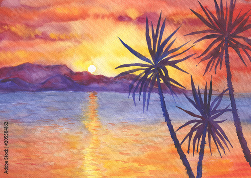 Abstract  landscape with palms on the beach ocean at sunset. View of silhouettes hills, cloudy sky. Watercolor hand drawn painting illustration.
