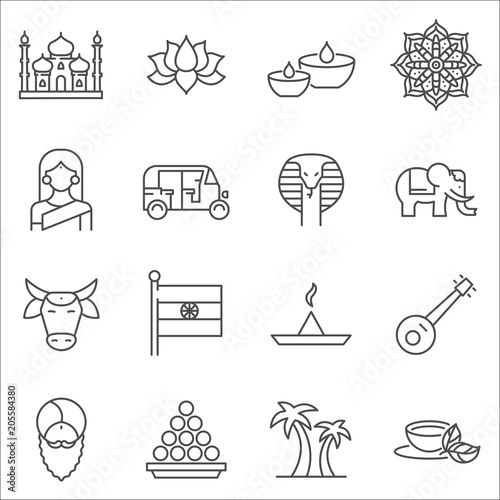 Set of India Symbols line vector icons.