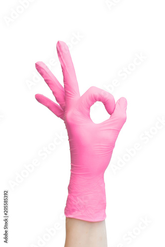 Ok sign made of pink medical gloves. Fingers Okay symbol. Healthy lifestyle, vitamins, vaccination, afraid of injections, medical store, pharmacy, recovery, useful habits, proper nutrition