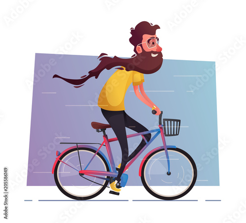 Funny man with long beard ride a bike. Vintage bicycle. Cartoon vector illustration