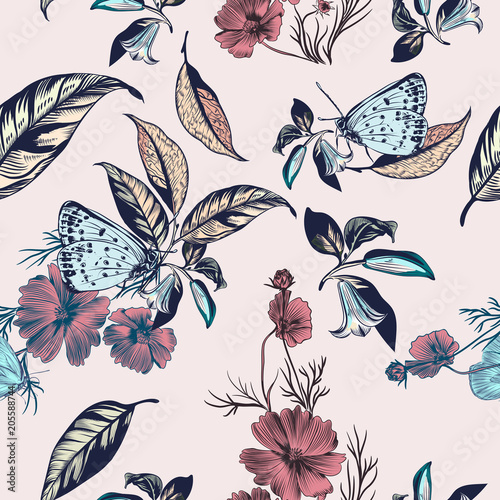 Floral illustration with vector hand drawn flowers and cosmos flowers