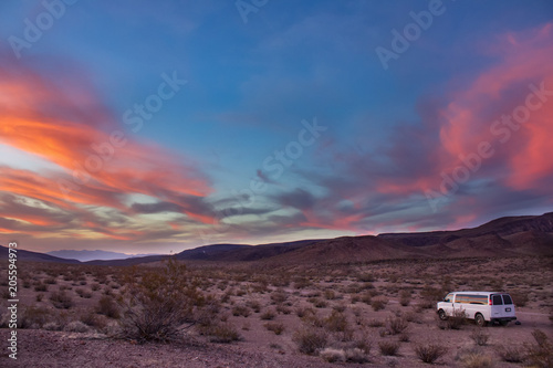 Desert Landscape Road through Sand Dunes at Sunset and Sunrise 