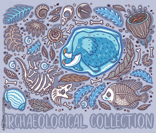 Collection of cartoon Triceratops fossil, mammoth in ice, ancient ammonites ferns, trilobite, leaves and rocks.