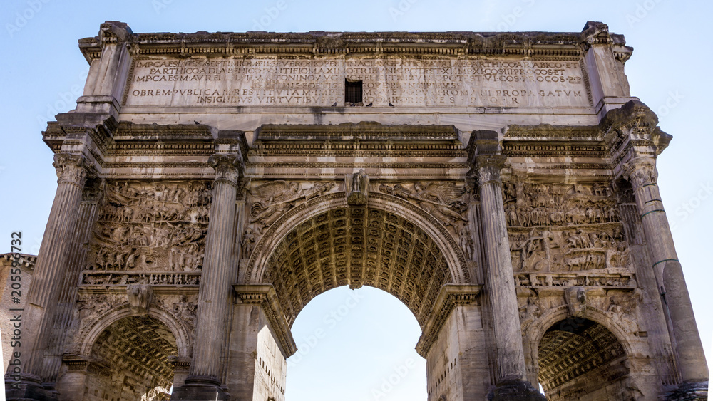 Arch of Septimius Severus from below in the Roman Forum, Rome, Italy