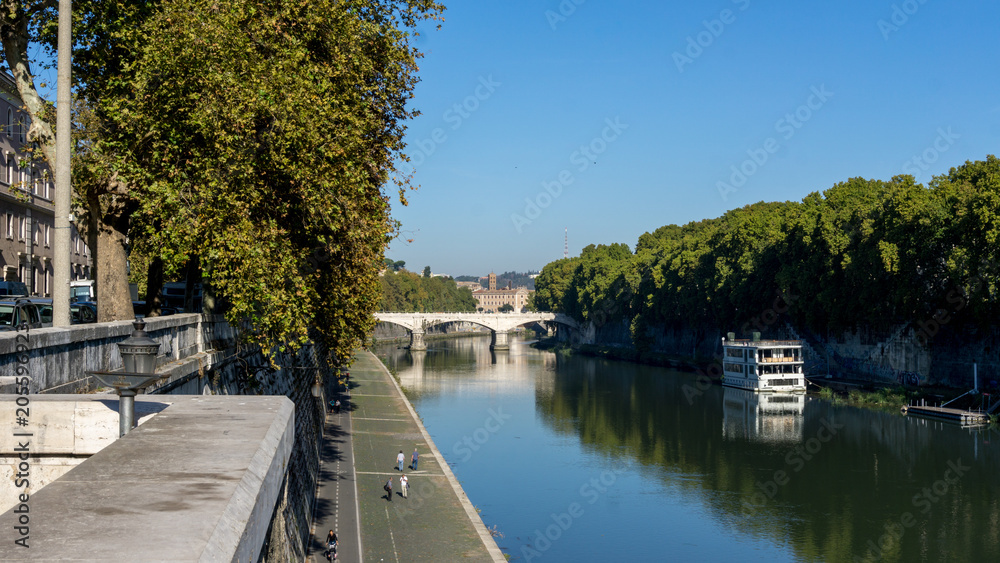 View down the River Tiber on a clear day, Rome, Italy