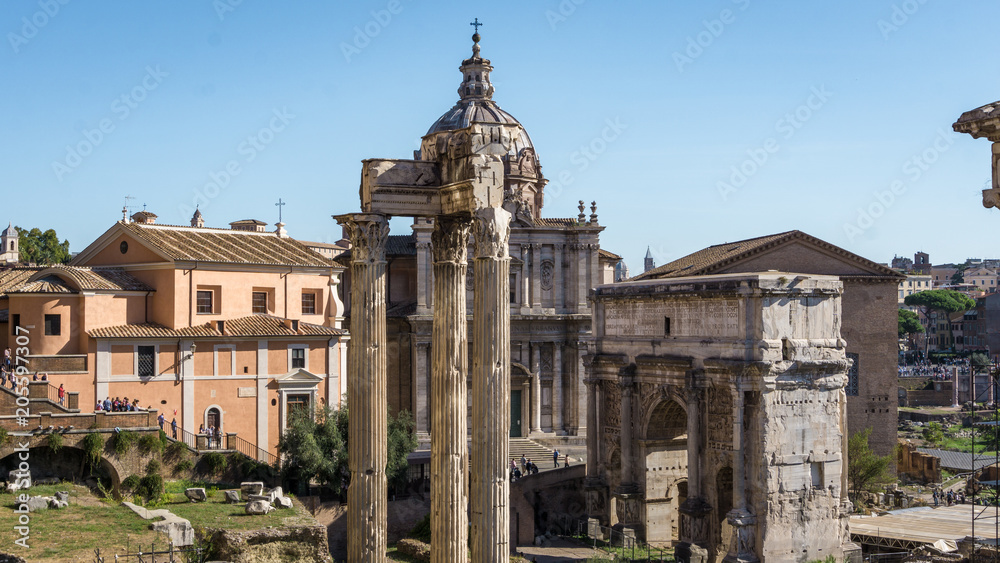 View of the Temple of Castor and Pollux and the Roman Forum, Rome, Italy