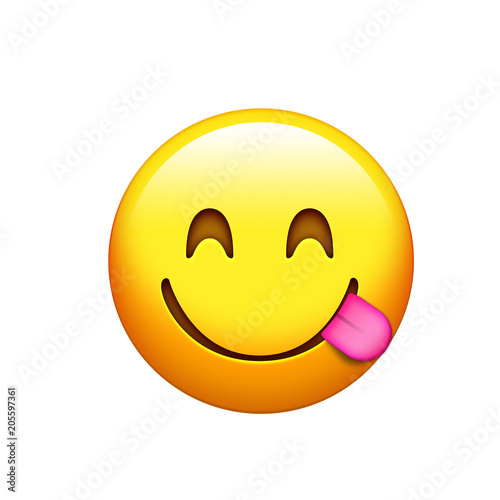 Isolated yellow smiley, tasting food face with tongue out icon