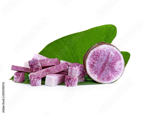 stick and cube of taro root isolated on white background
