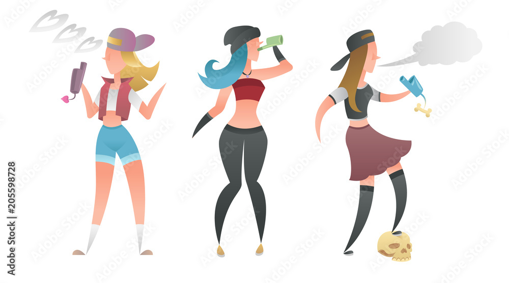 Set of vector isolated cartoon characters of girls modern smoking vape