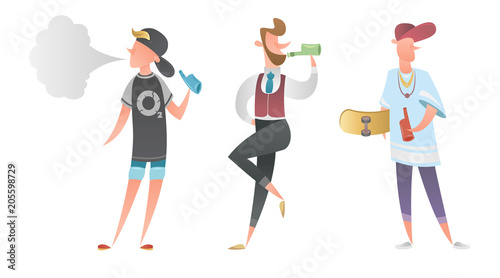 A set of isolated vector cartoon character guys men boys  modern smoking vape