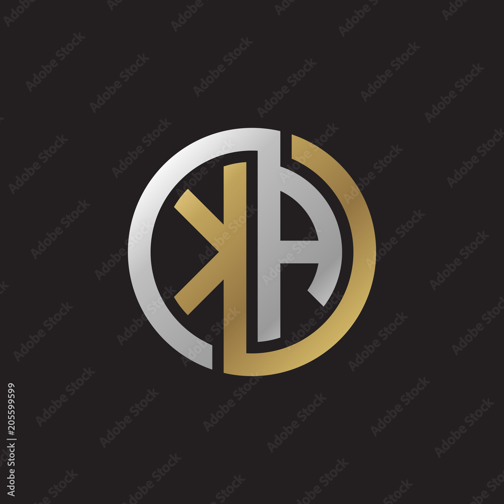 Initial letter KA, looping line, circle shape logo, silver gold color on black background Initial letter KA, looping line, circle shape logo, silver gold color on black background