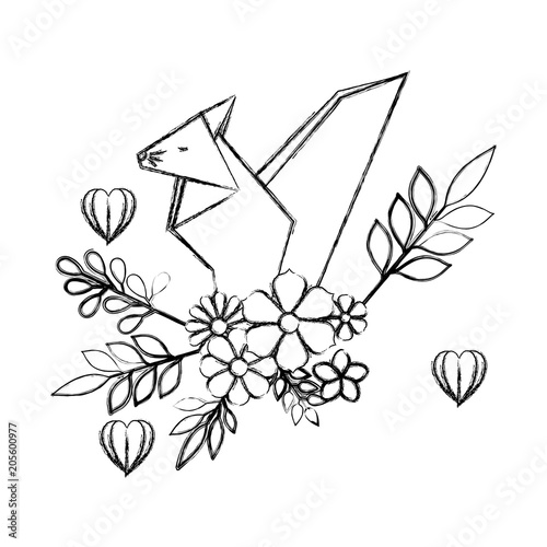 chipmunk origami paper with floral decoration and hearts vector illustration