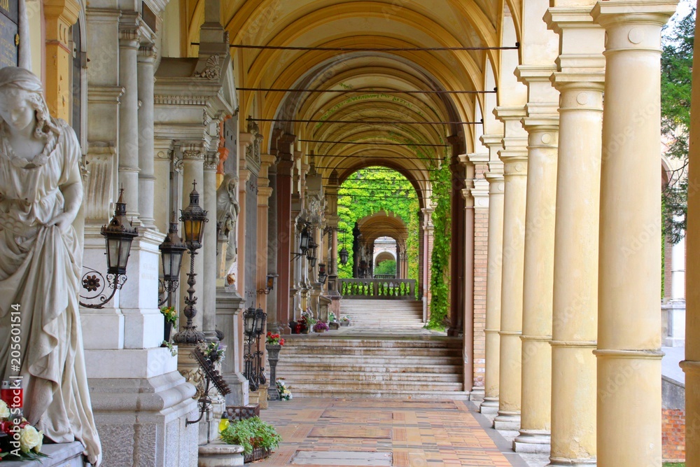  Mirogoj Cemetery of Zagreb. a long building which with its many arches and green elements is a place of rest
