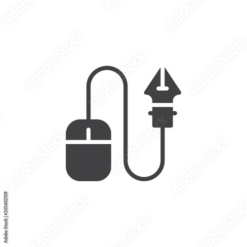 Computer mouse and ink pen nib vector icon. filled flat sign for mobile concept and web design. Designer tool simple solid icon. Symbol, logo illustration. Pixel perfect vector graphics