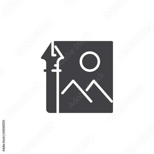 Landscape picture and fountain pen vector icon. filled flat sign for mobile concept and web design. Image and ink pen simple solid icon. Symbol, logo illustration. Pixel perfect vector graphics