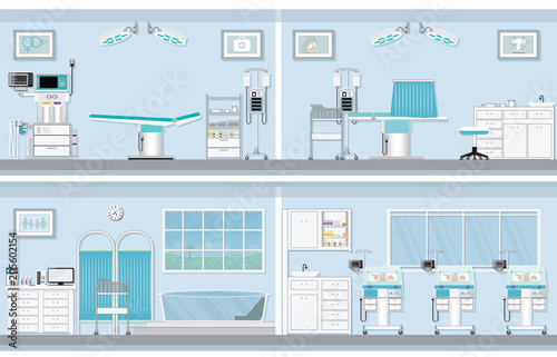 Interior of operating room for birthing of pregnant woman.