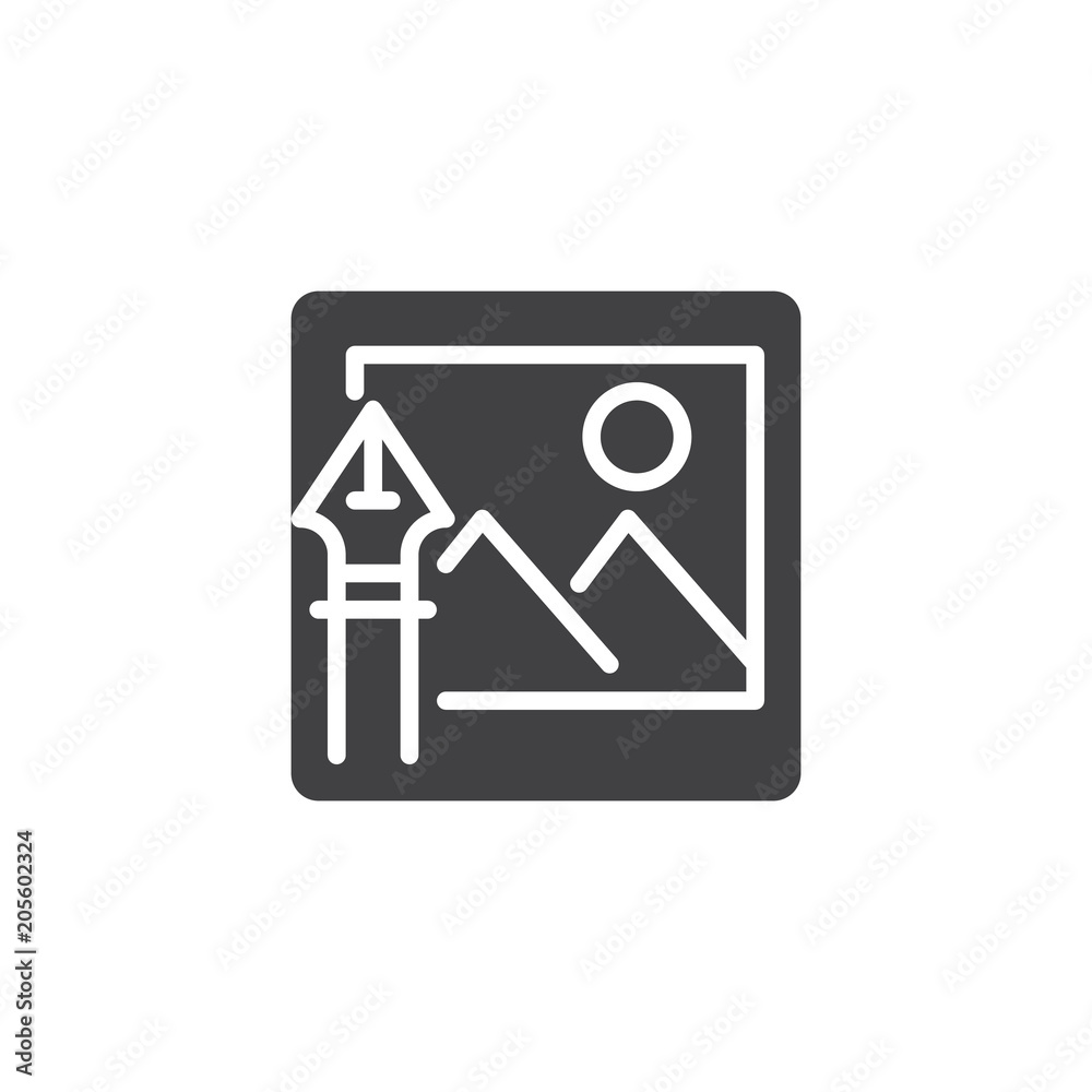 Image with ink pen vector icon. filled flat sign for mobile concept and web design. Nib and landscape picture simple solid icon. Symbol, logo illustration. Pixel perfect vector graphics Image with ink pen vector icon. filled flat sign for mobile concept and web design. Nib and landscape picture simple solid icon. Symbol, logo illustration. Pixel perfect vector graphics