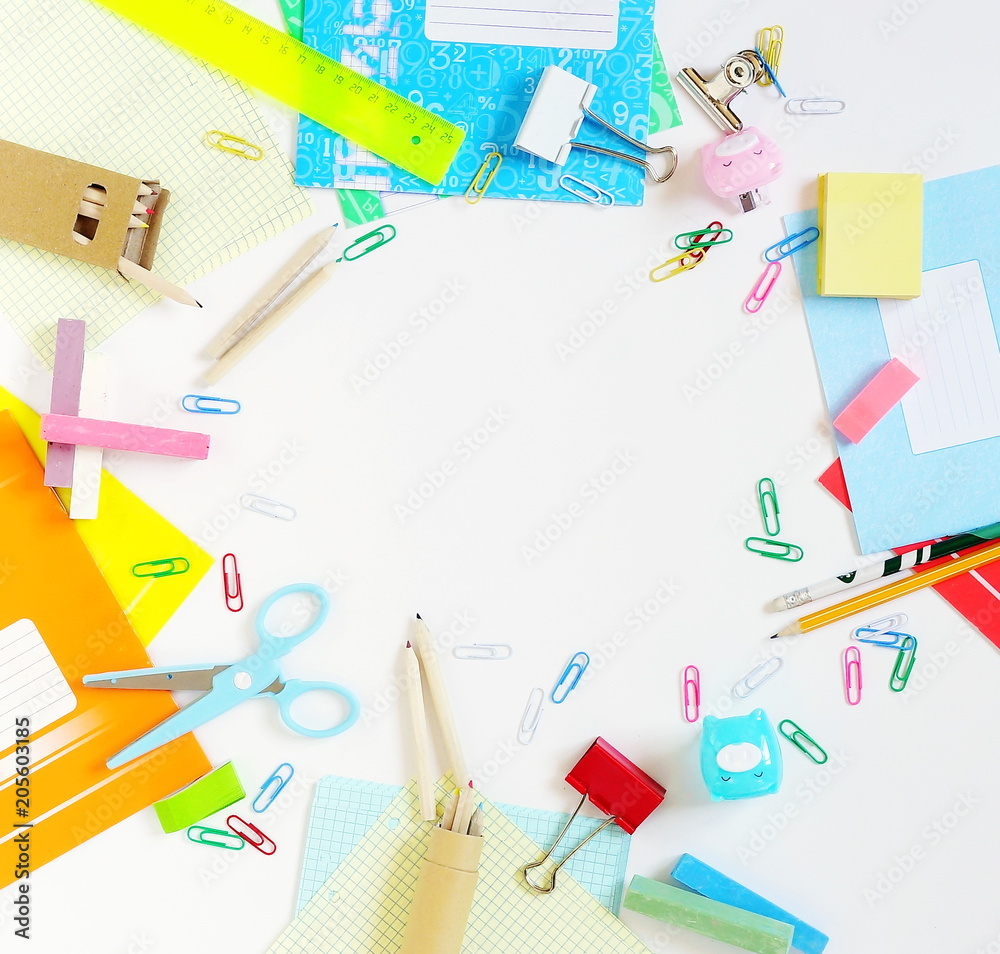 Back to school background. Items for the school on a table. school supplies frame. Flat lay. Copy space. Top view Back to school background. Items for the school on a table. school supplies frame. Flat lay. Copy space. Top view