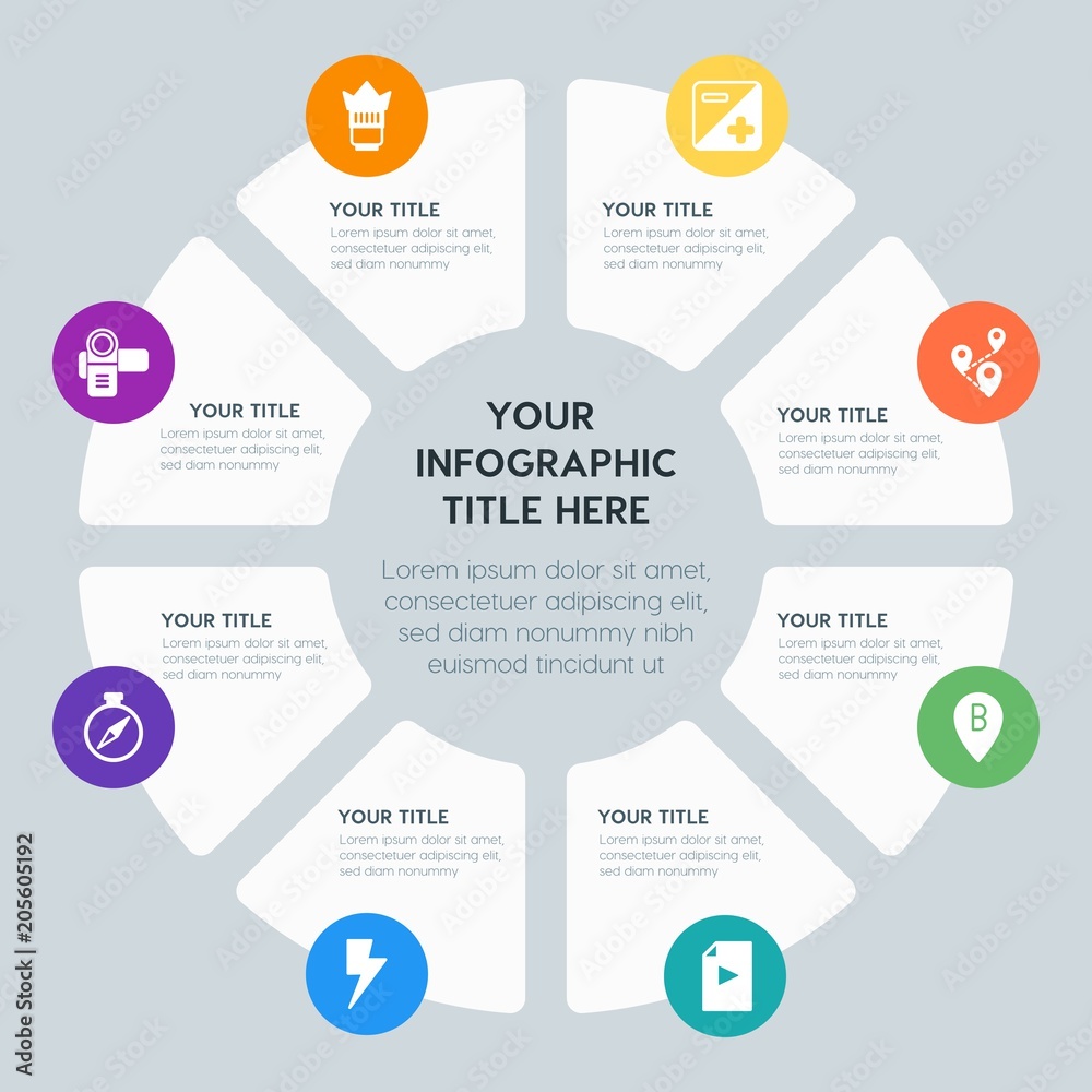 Circle chart location, security, video, photos infographic template with 8 options for presentations, advertising, annual reports Circle chart location, security, video, photos infographic template with 8 options for presentations, advertising, annual reports