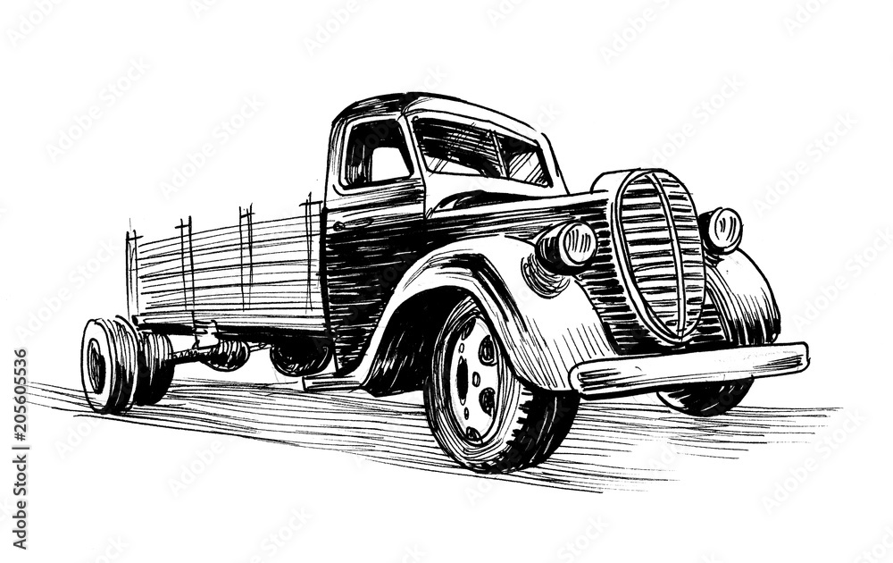 Vintage American truck. Ink black and white illustration