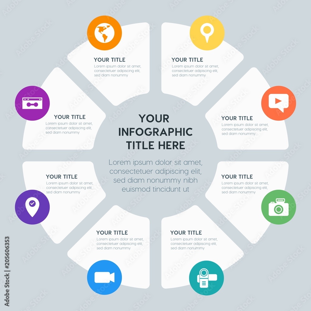 Circle chart location, security, video, photos infographic template with 8 options for presentations, advertising, annual reports Circle chart location, security, video, photos infographic template with 8 options for presentations, advertising, annual reports