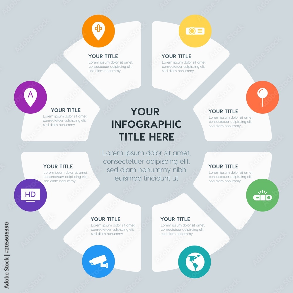 Circle chart location, security, video, photos infographic template with 8 options for presentations, advertising, annual reports