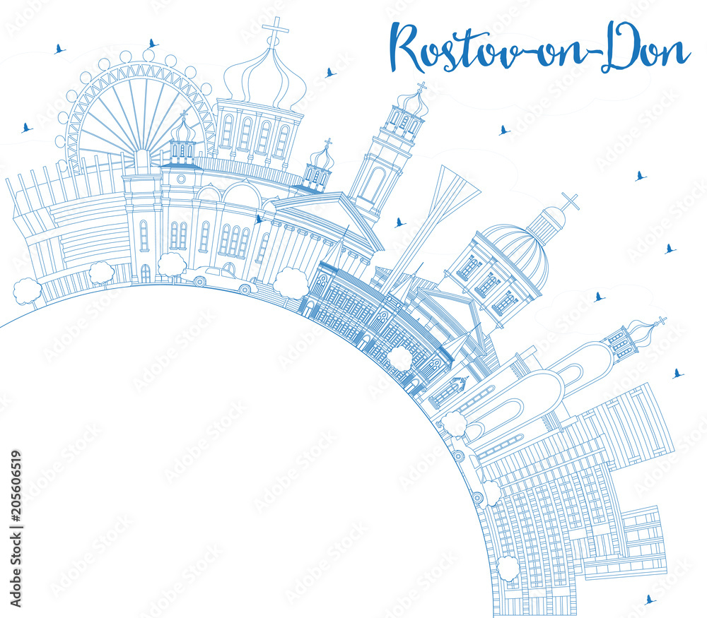 Outline Rostov-on-Don Russia City Skyline with Blue Buildings and Copy Space.