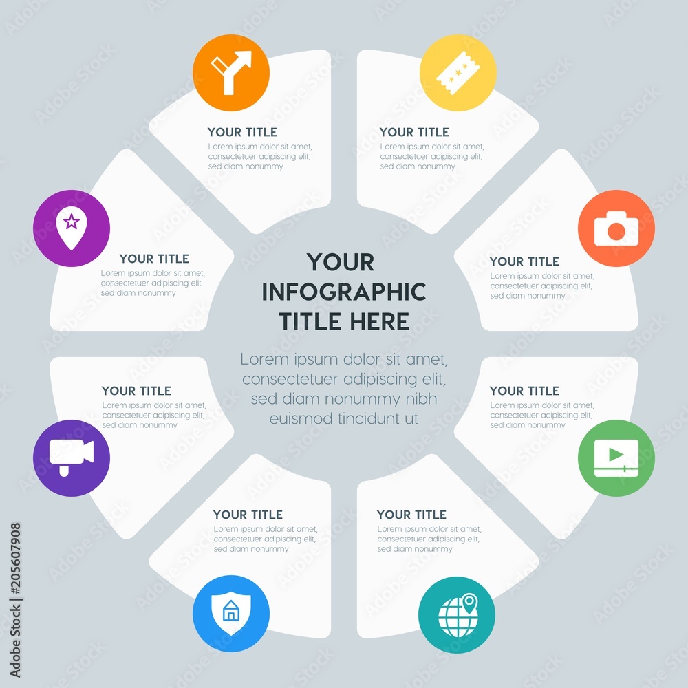 Circle chart location, security, video, photos infographic template with 8 options for presentations, advertising, annual reports Circle chart location, security, video, photos infographic template with 8 options for presentations, advertising, annual reports