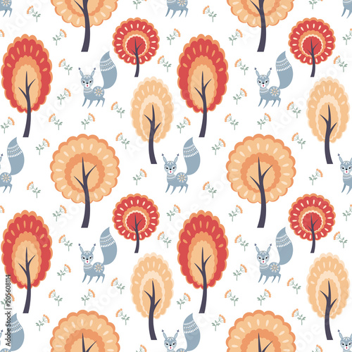 Decorative seamless pattern in folk style with squirrel. Colorful vector background.